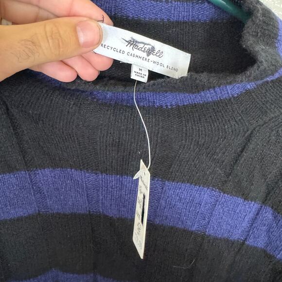 Madewell Ribbed Cashmere-Wool Blend Pullover Sweater Sz M Cobalt Stripe Mockneck - Picture 3 of 7